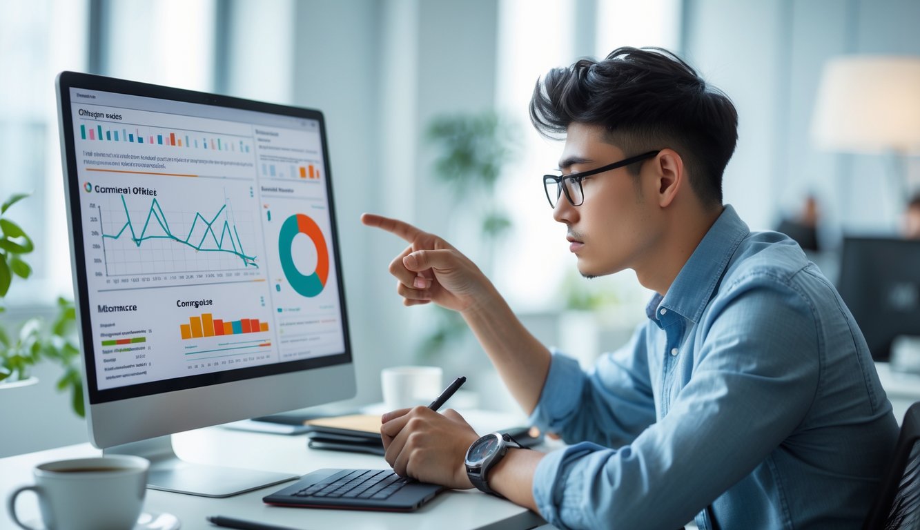 Seorang dewasa muda sedang fokus mengamati data dan grafik di layar komputer dalam ruangan kantor yang terang.