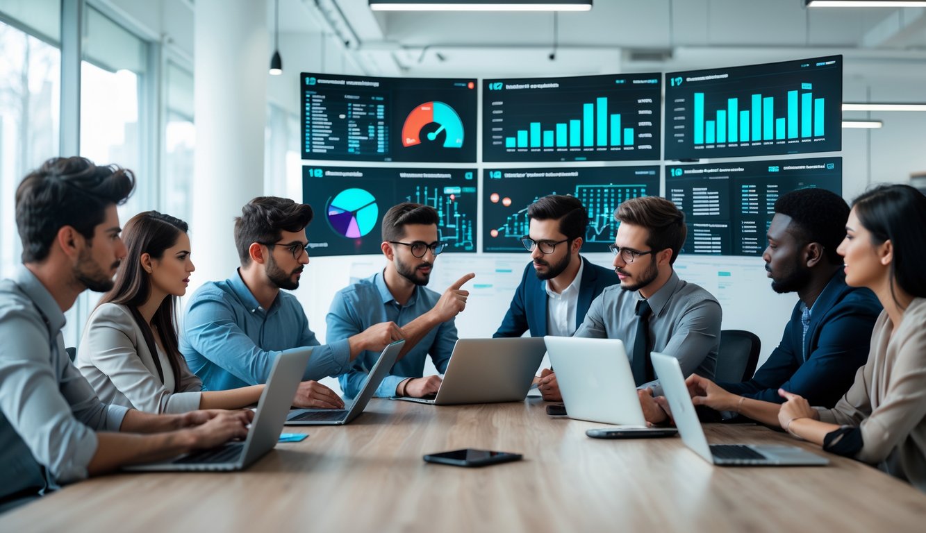 Sekelompok profesional muda sedang berdiskusi dan menganalisis data di ruang kantor modern dengan layar dan laptop yang menampilkan grafik dan statistik.