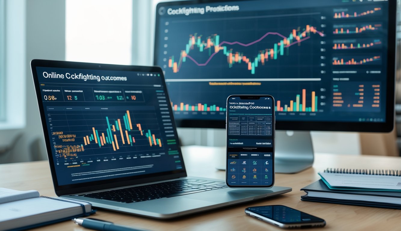 Meja kerja dengan laptop dan perangkat digital menampilkan data analisa hasil pertarungan sabung ayam secara online.