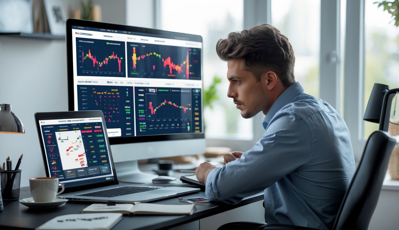 Seorang pria muda sedang duduk di meja dengan laptop dan tablet yang menampilkan grafik dan siaran pertandingan sabung ayam, tampak fokus menganalisis gerakan dan teknik tarung.