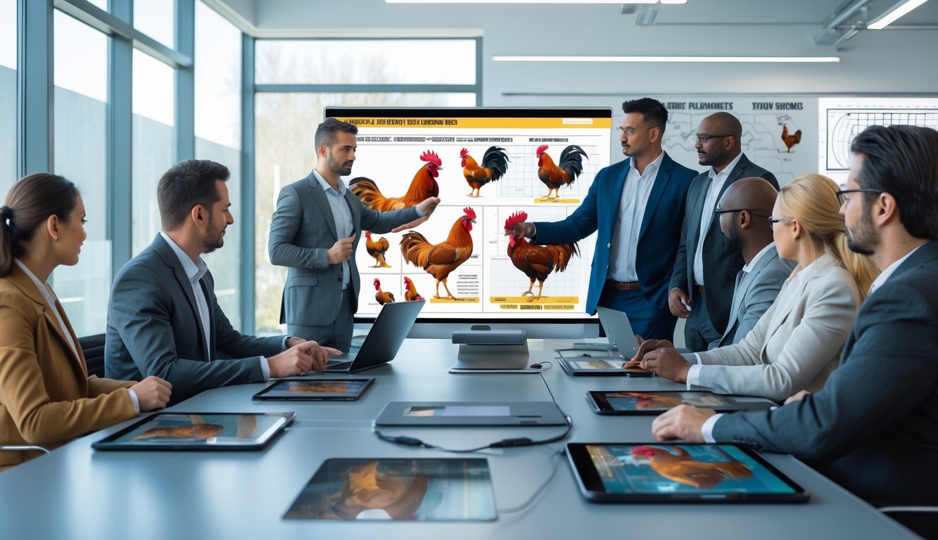 Sekelompok orang sedang berdiskusi di ruang rapat modern sambil menganalisis teknik dan gaya bertarung ayam jago menggunakan perangkat digital.
