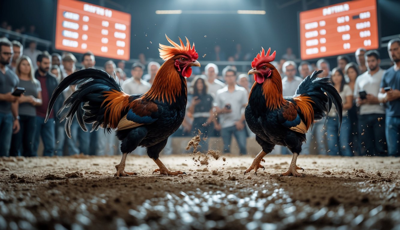 Dua ayam jago bertarung di arena sabung dengan penonton yang mengamati dan menggunakan perangkat digital di latar belakang.