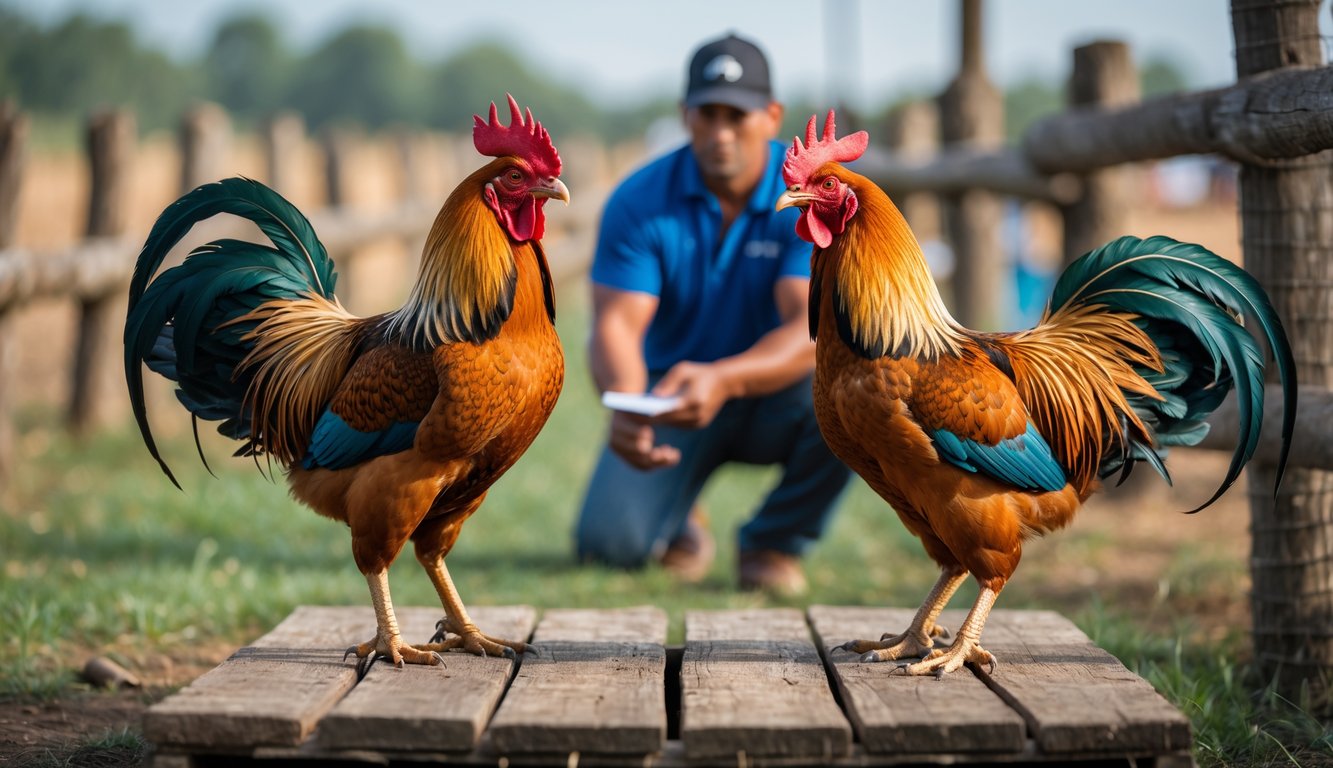 Dua ayam jago berdiri berhadapan di atas panggung kayu dengan seorang pelatih yang mengamati di latar belakang dalam suasana luar ruangan.