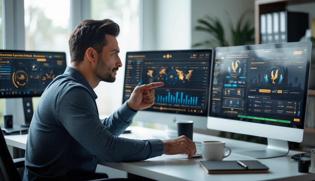 Seorang pria fokus memilih jagoan dalam permainan sabung online di depan beberapa layar komputer di ruang kerja yang rapi.