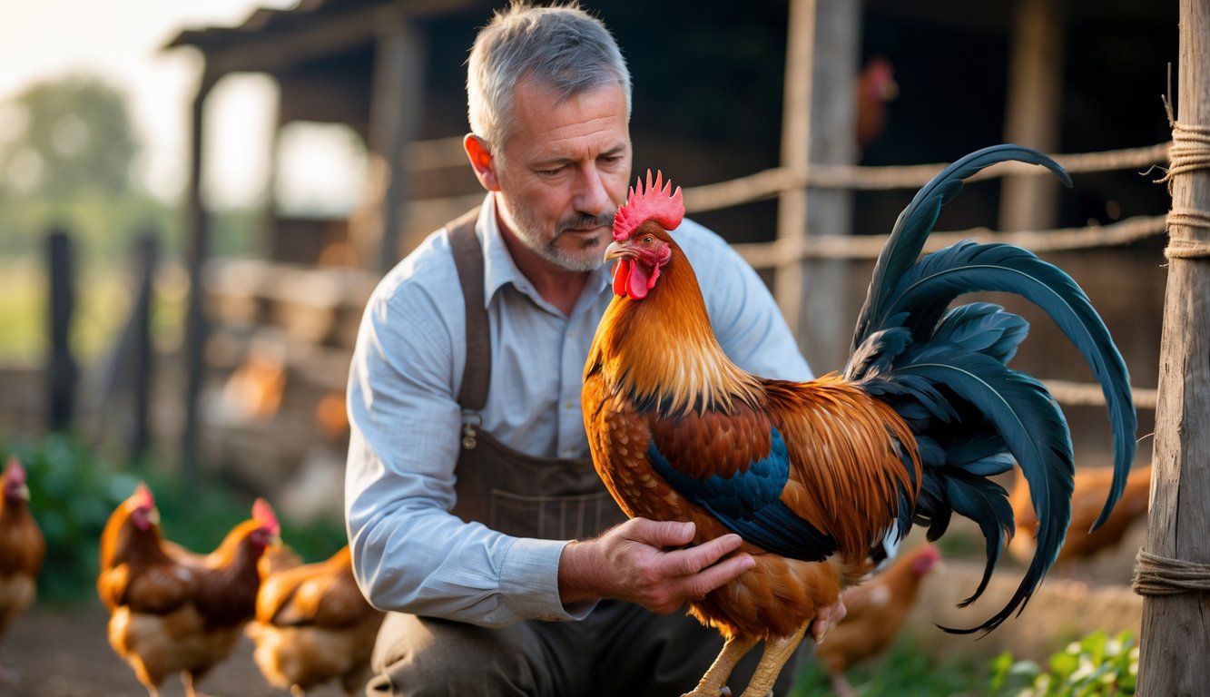 Seorang pria ahli sedang memilih ayam jago yang sehat dan kuat di lingkungan pedesaan.
