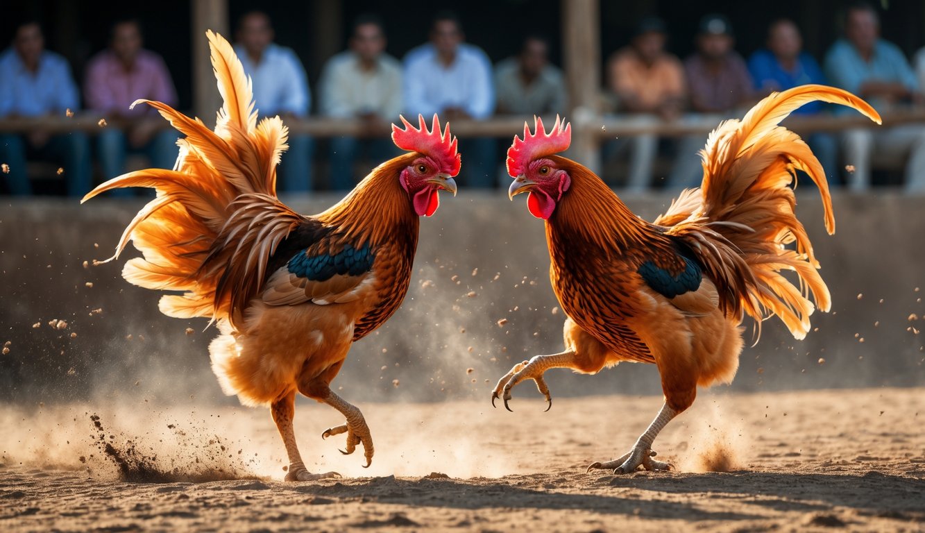 Dua ayam jago sedang bertarung di arena luar ruangan dengan latar belakang penonton.