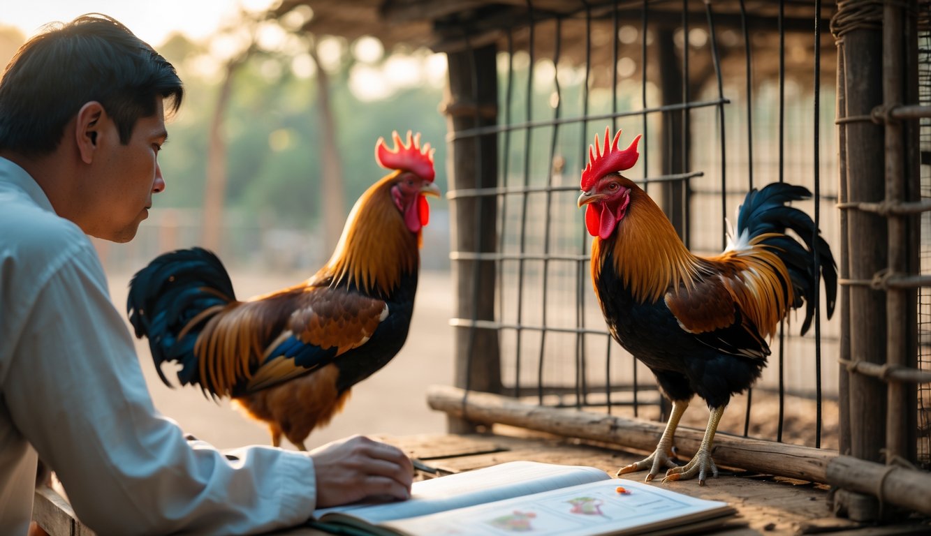 Seorang pria mengamati ayam jago yang sehat di dalam kandang kayu di luar ruangan dengan latar belakang pepohonan.