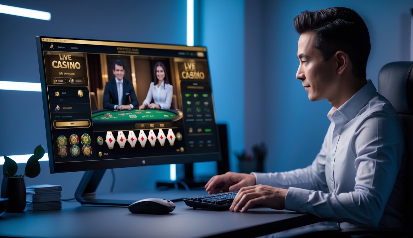 Seorang pemain dewasa sedang bermain kasino online secara langsung di depan komputer di ruang kerja modern.