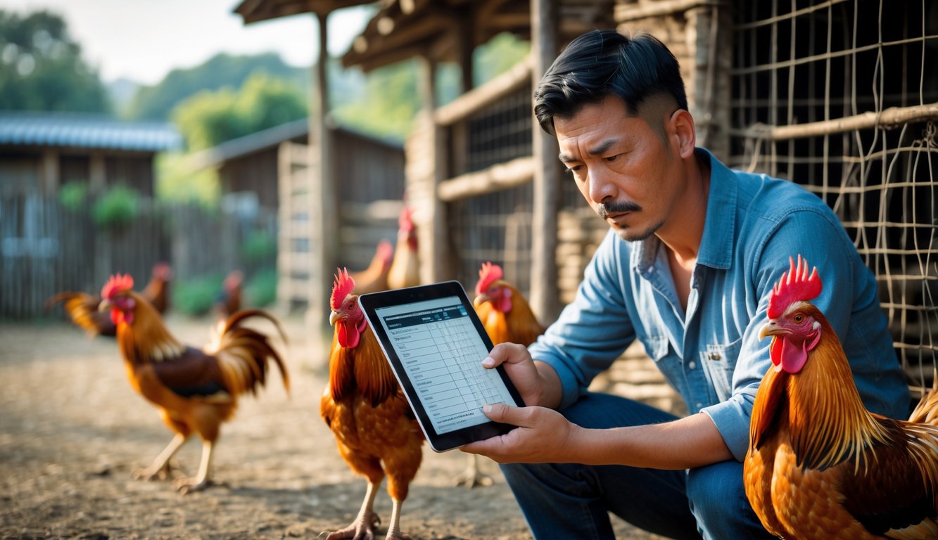 Seorang pria sedang mengamati dan menganalisis rekam jejak ayam jago sebelum pertarungan sabung ayam di lingkungan tradisional.