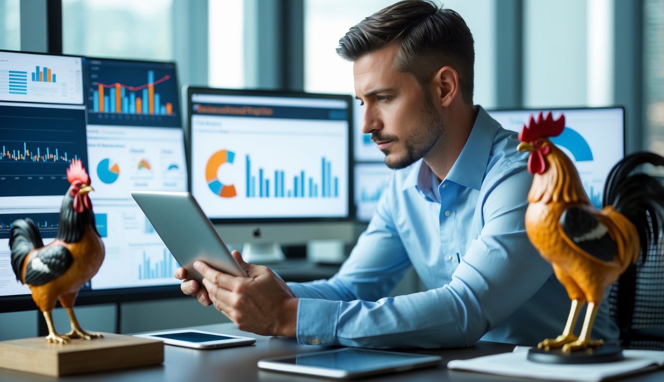 Seorang pria sedang menganalisis data menggunakan tablet di kantor modern dengan alat analisis dan hiasan ayam jago di meja.