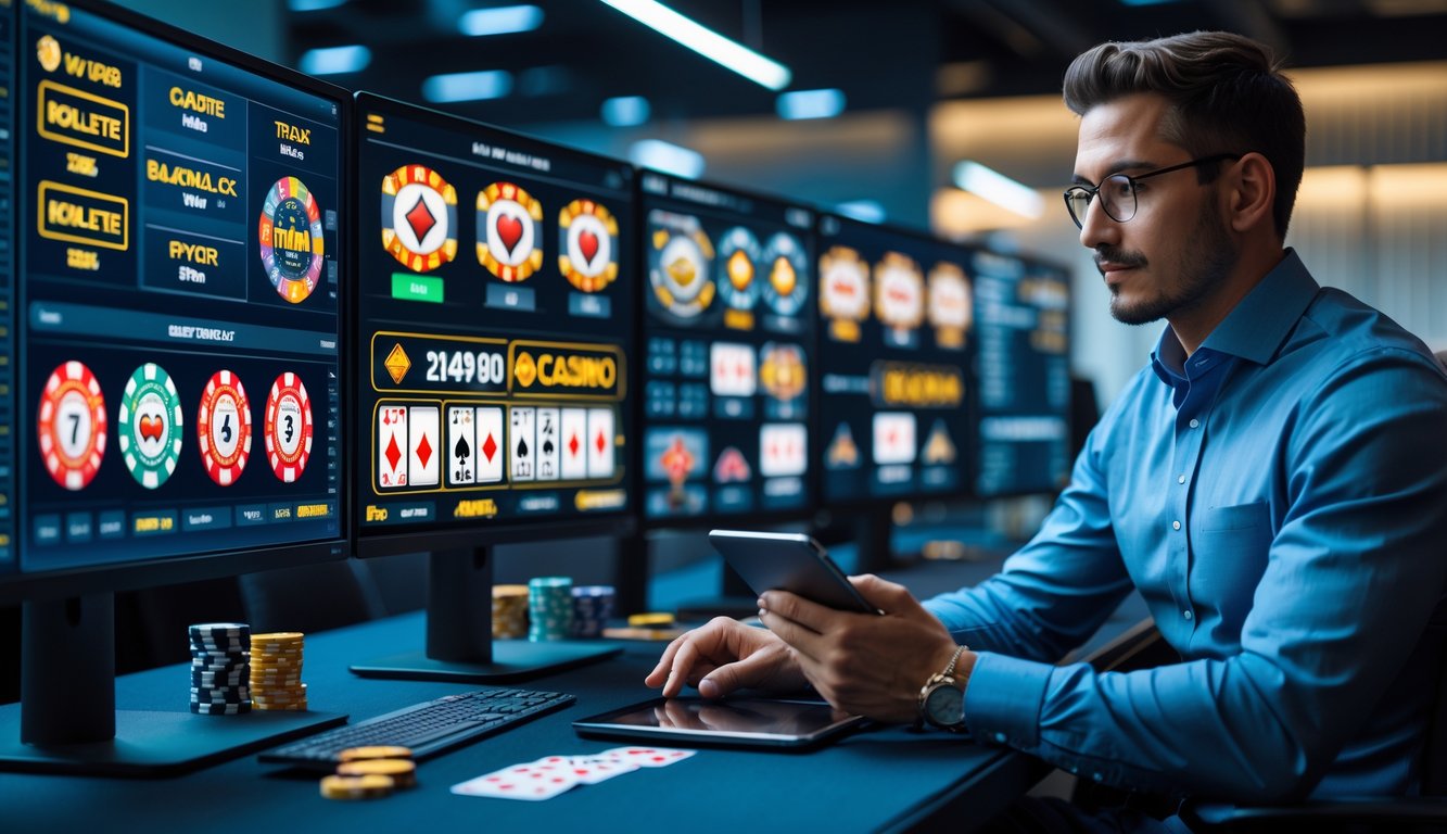 Seorang analis sedang memantau beberapa layar komputer yang menampilkan berbagai permainan kasino langsung di sebuah kantor modern.