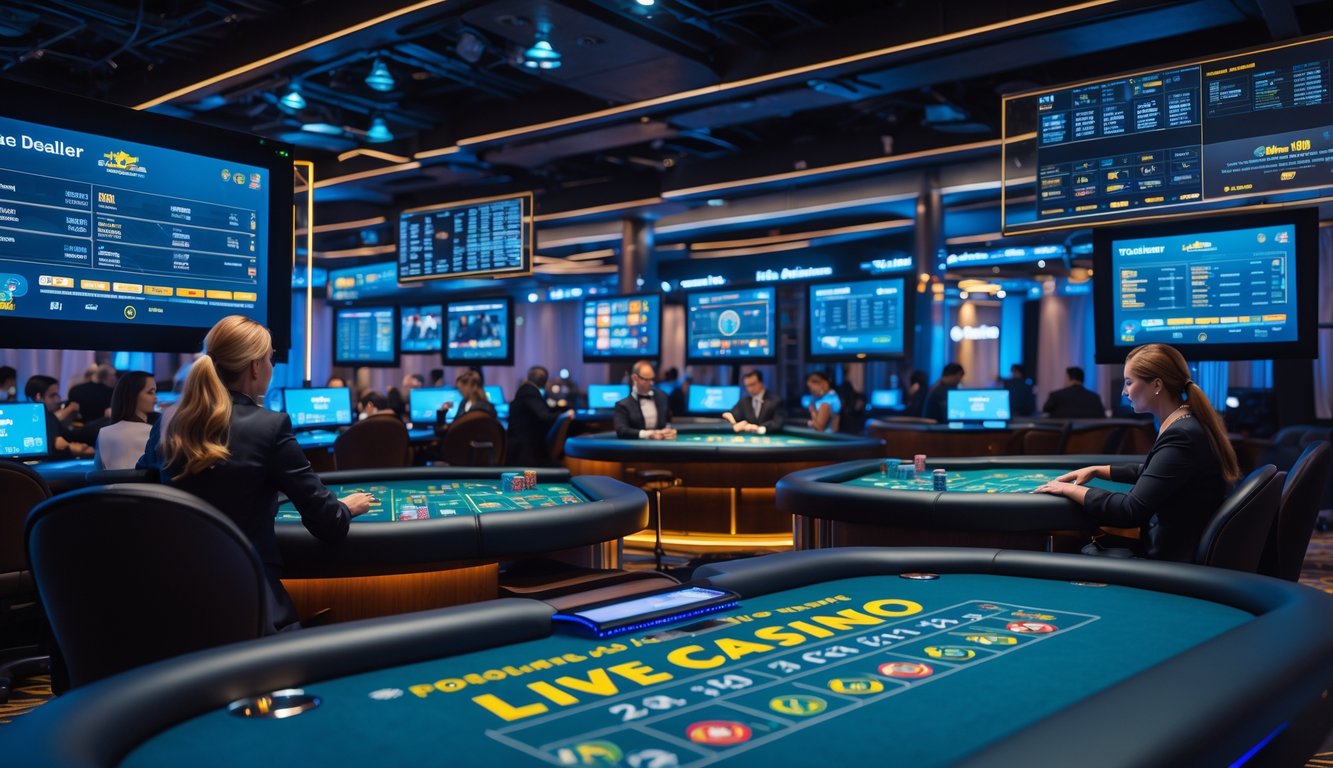 Suasana kasino online dengan beberapa meja digital dan dealer langsung yang sedang berinteraksi dengan pemain melalui layar.