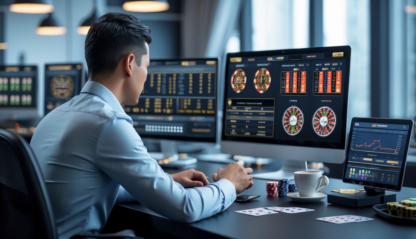 Seseorang sedang menganalisis pola permainan kasino langsung di depan beberapa layar komputer dengan grafik dan data statistik.
