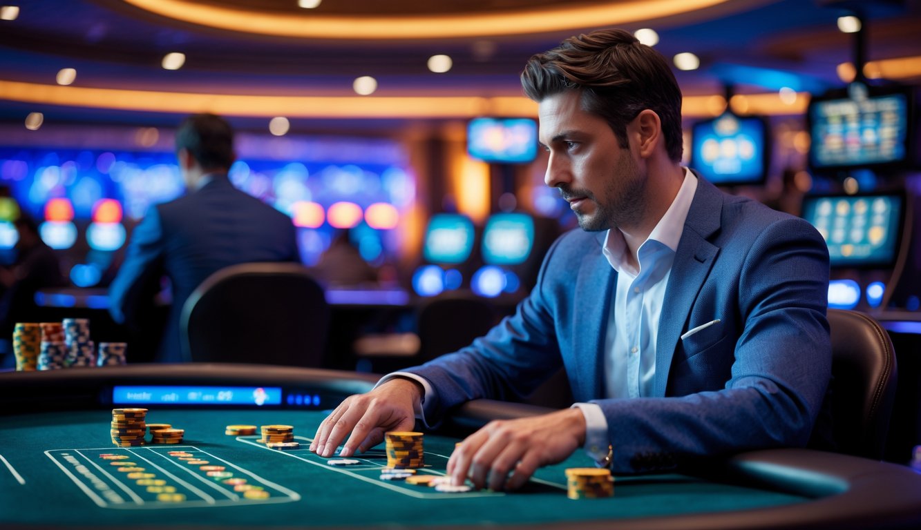 Seorang pria fokus bermain di meja kasino online dengan kartu digital dan chip, dikelilingi suasana kasino yang hidup.