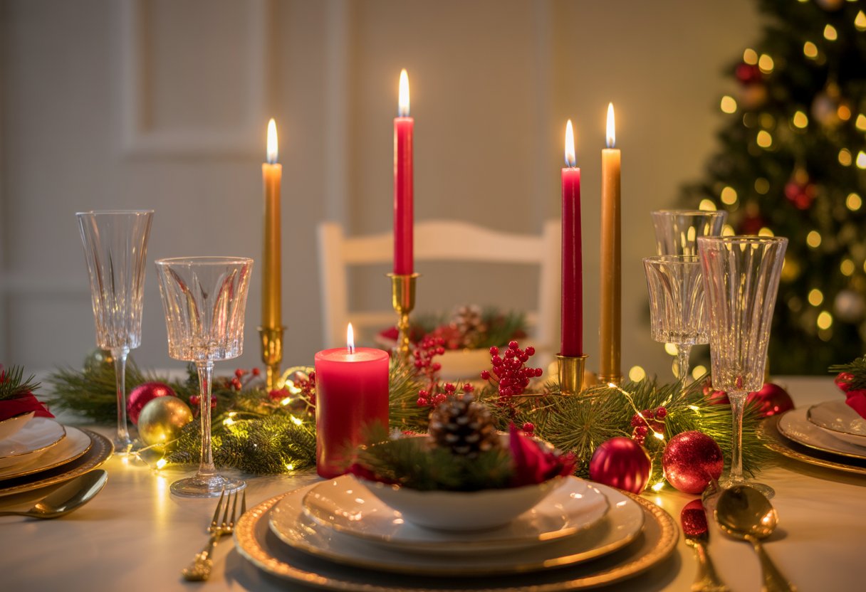 Decoração para ceia de Natal: Mesa de ceia de Natal decorada com velas vermelhas e douradas, ramos de pinheiro e enfeites festivos, criando um ambiente aconchegante.