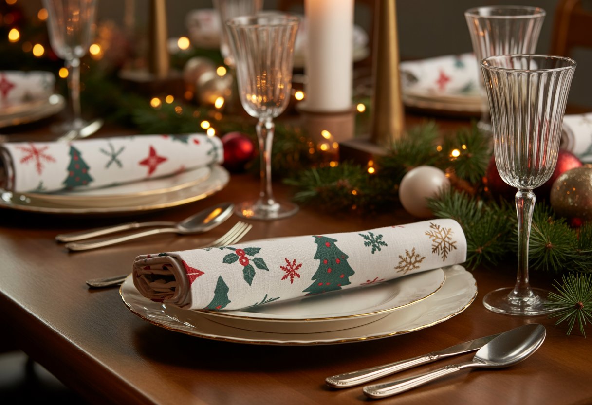 Mesa de jantar decorada para ceia de Natal com guardanapos de tecido estampados e louças arrumadas.