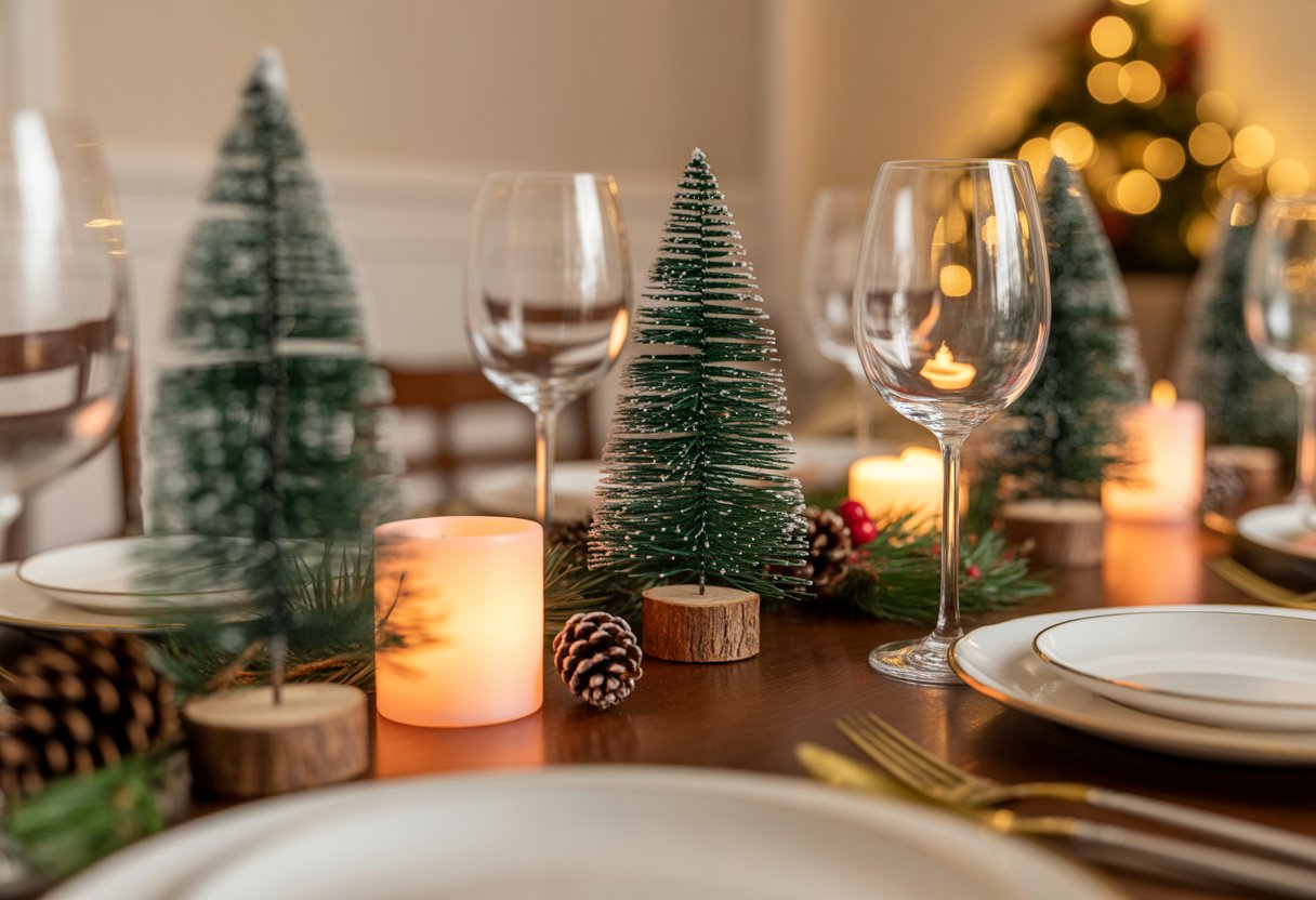Mesa de ceia de Natal decorada com pequenos pinheiros decorativos espalhados, pratos, talheres e velas.