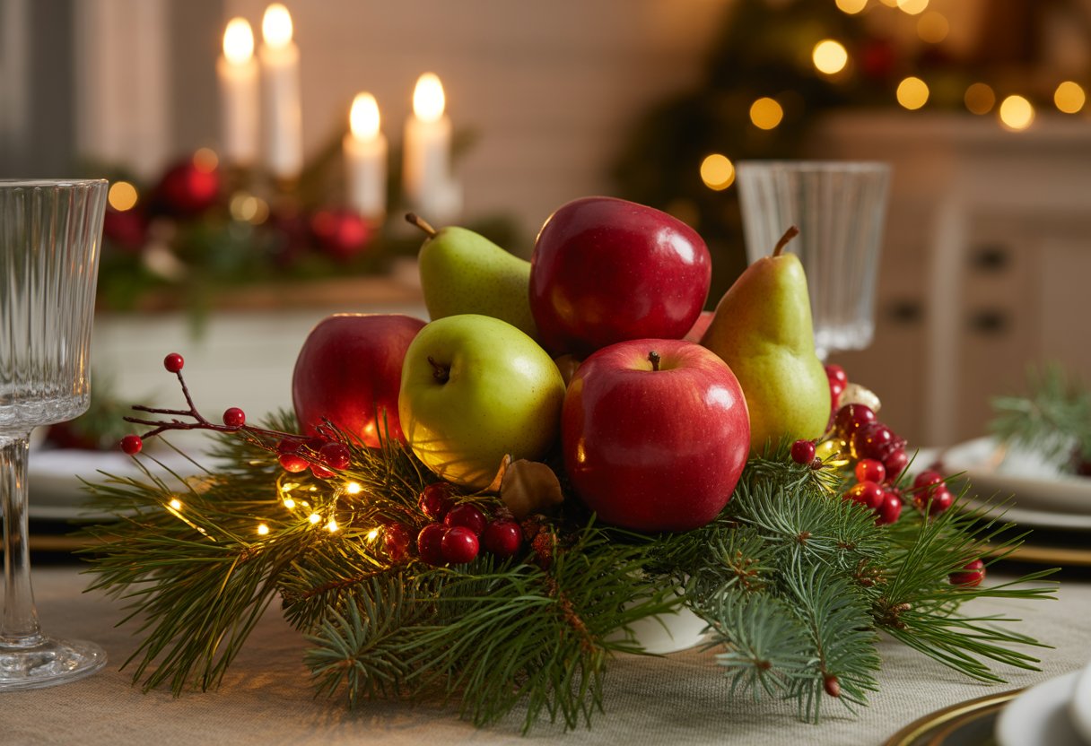 Centro de mesa de Natal com maçãs e peras frescas em uma mesa decorada para ceia.