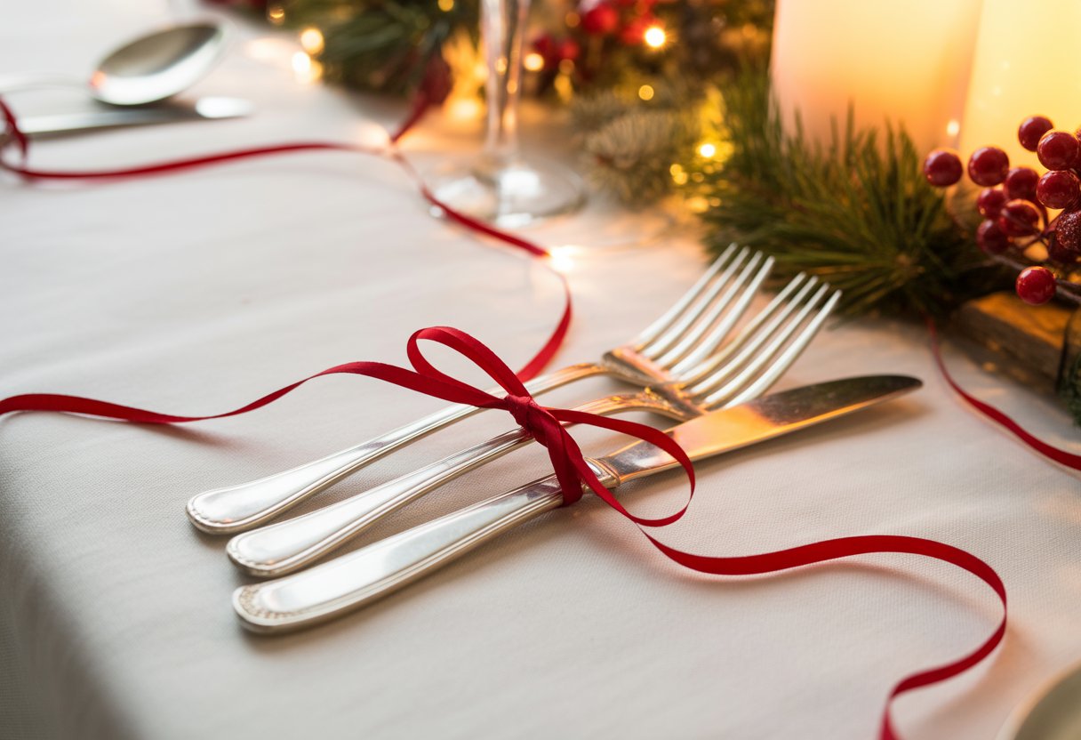 Talheres amarrados com laços vermelhos sobre a mesa decorada para ceia de Natal.