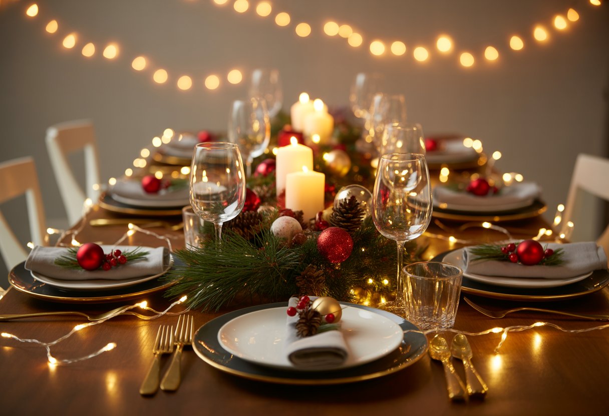 Decoração para ceia de Natal: Mesa de ceia de Natal decorada com luzinhas de LED ao redor, com enfeites natalinos e velas acesas.