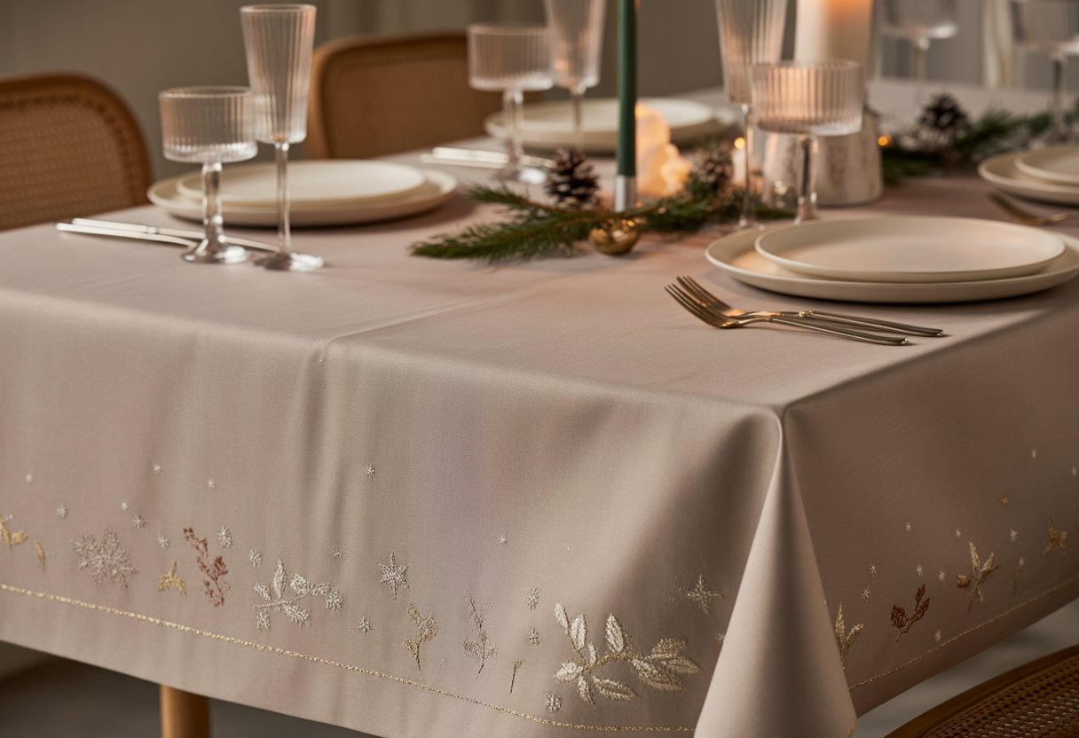 Mesa de jantar decorada para ceia de Natal com toalha em tons neutros e detalhes festivos, pratos, talheres e velas acesas.