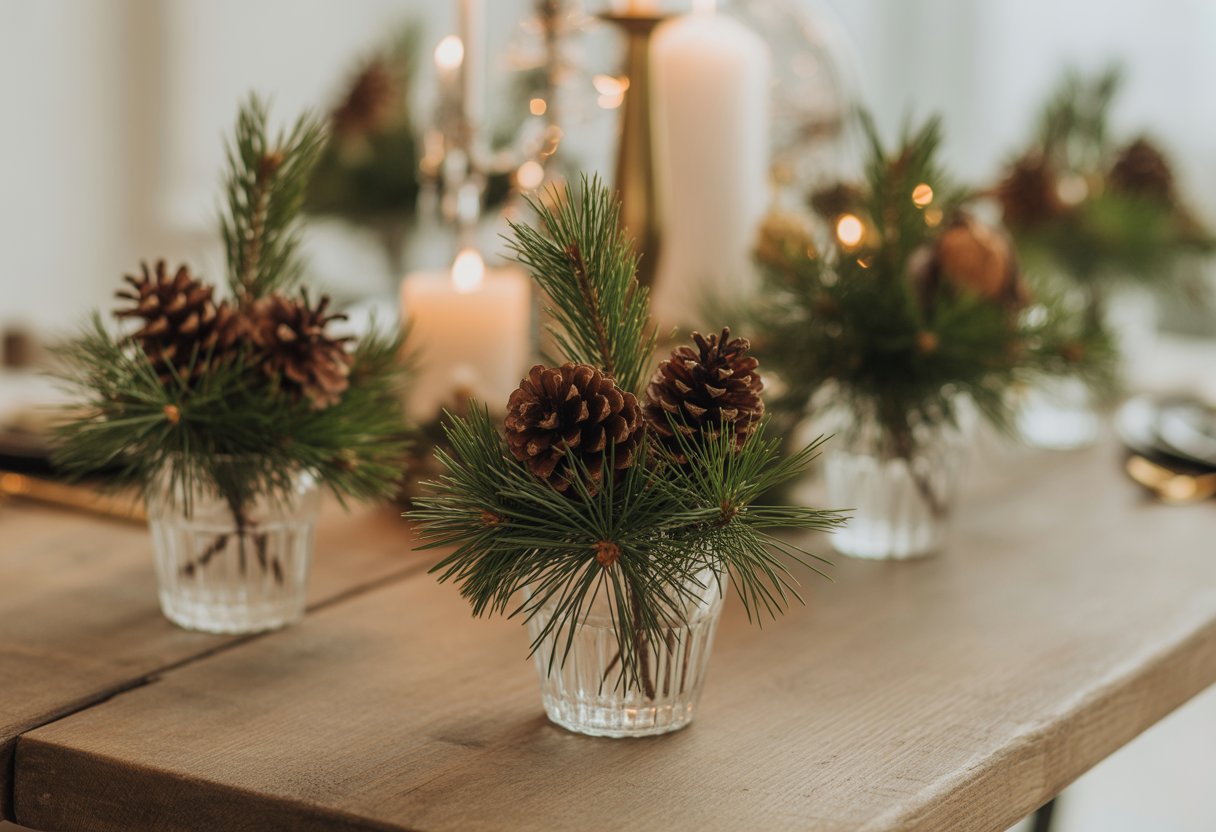 Pequenos arranjos com ramos de pinheiro e pinhas sobre uma mesa rústica, preparados para decoração de ceia de Natal.