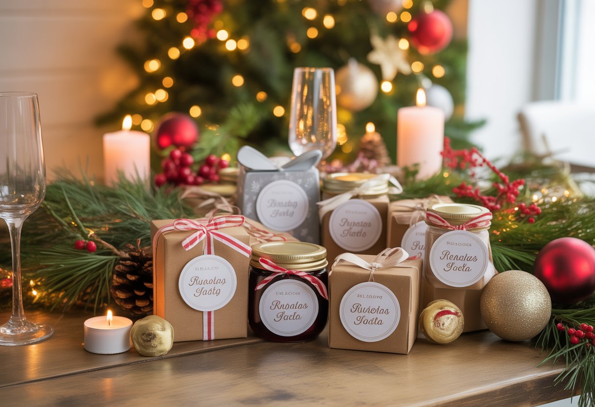 Cantinho decorado para ceia de Natal com lembrancinhas personalizadas sobre uma mesa rústica, rodeado por enfeites natalinos e luzes festivas.