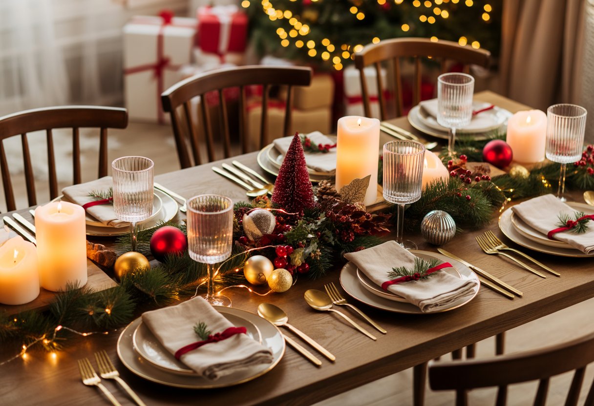 Decoração para ceia de Natal: Mesa de ceia de Natal decorada com velas, galhos de pinheiro, enfeites vermelhos e dourados, pratos e talheres arrumados, ao fundo uma árvore de Natal iluminada e presentes.