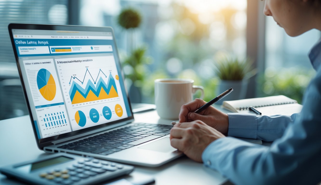 Seseorang sedang menganalisis data angka di depan laptop di meja kerja dengan alat tulis dan kopi.
