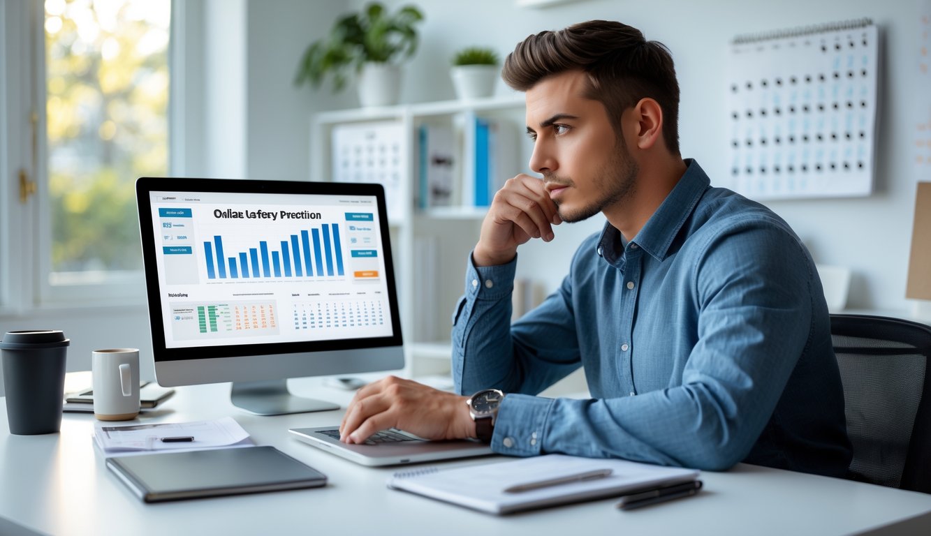 Seorang pria muda duduk di meja kerja dengan laptop dan ponsel, sedang menganalisis data untuk prediksi togel online.