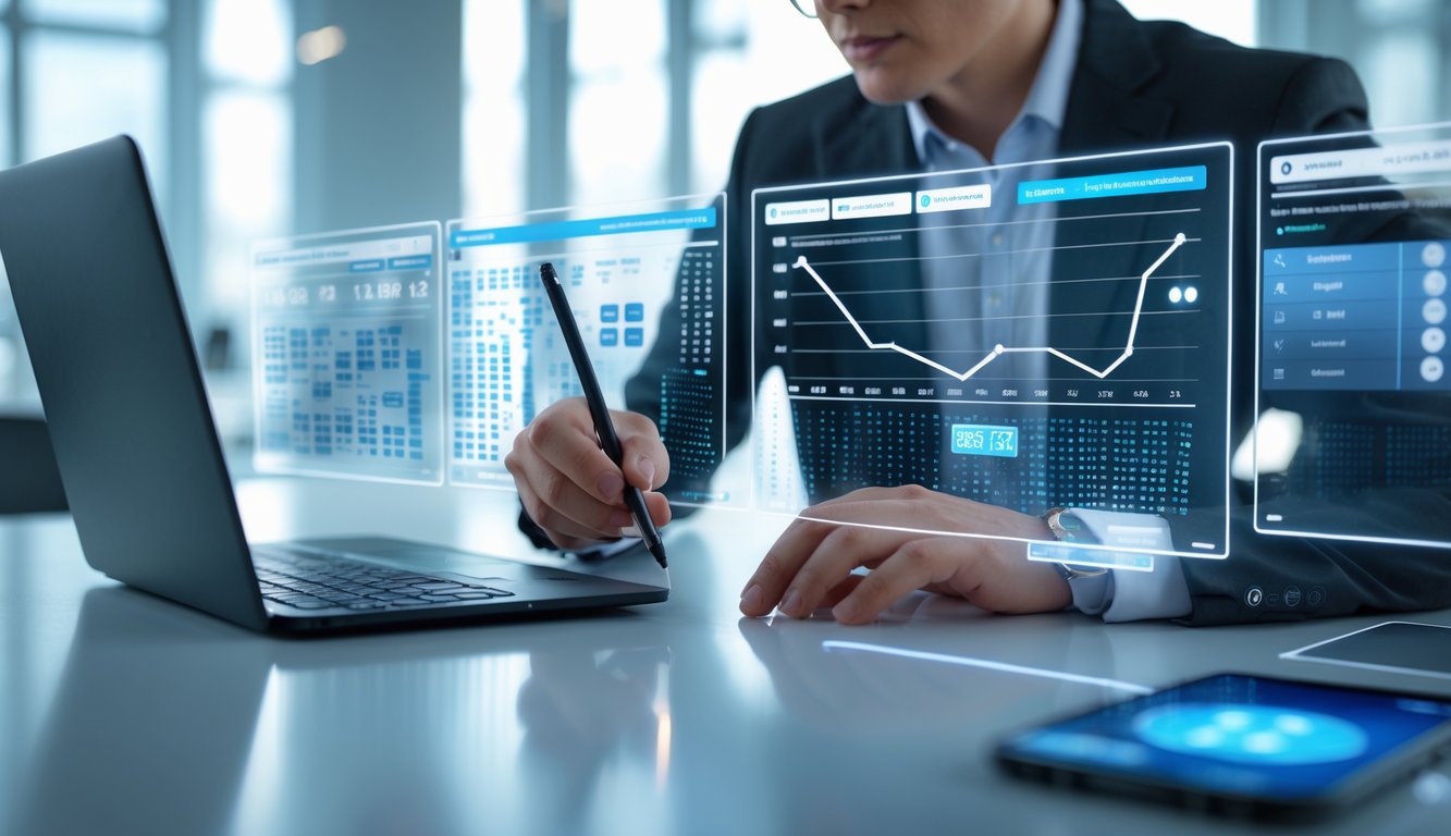 Seorang individu sedang memeriksa pola data hasil togel secara serius di depan beberapa layar digital di ruang kantor modern.