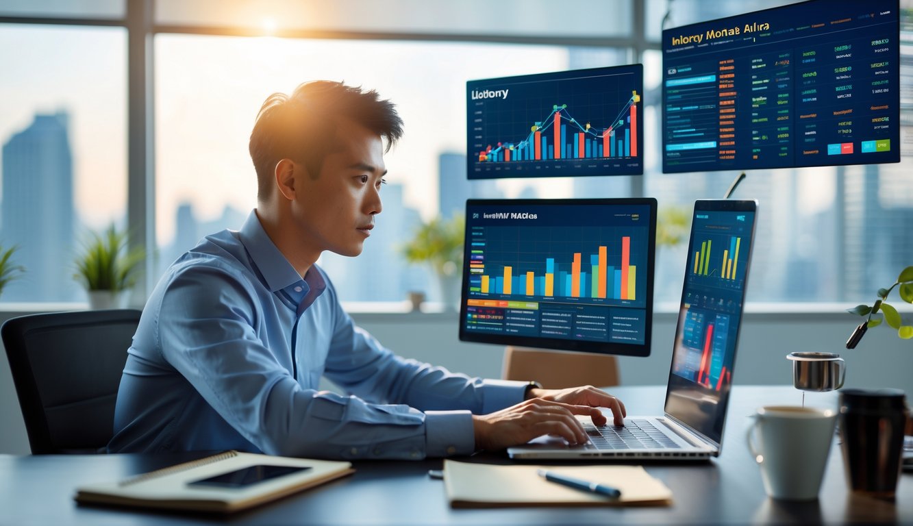 Seorang pria muda sedang menganalisis data pasar togel online di depan beberapa layar komputer di kantor modern.