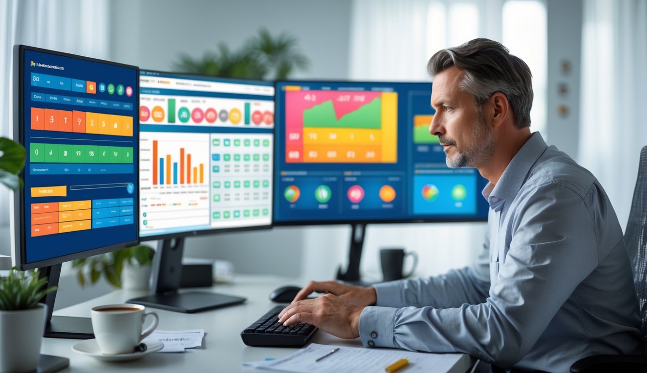 Seorang pria dewasa sedang duduk di meja kerja dengan beberapa monitor yang menampilkan grafik dan angka, fokus menganalisis data di lingkungan kantor rumah yang terang.