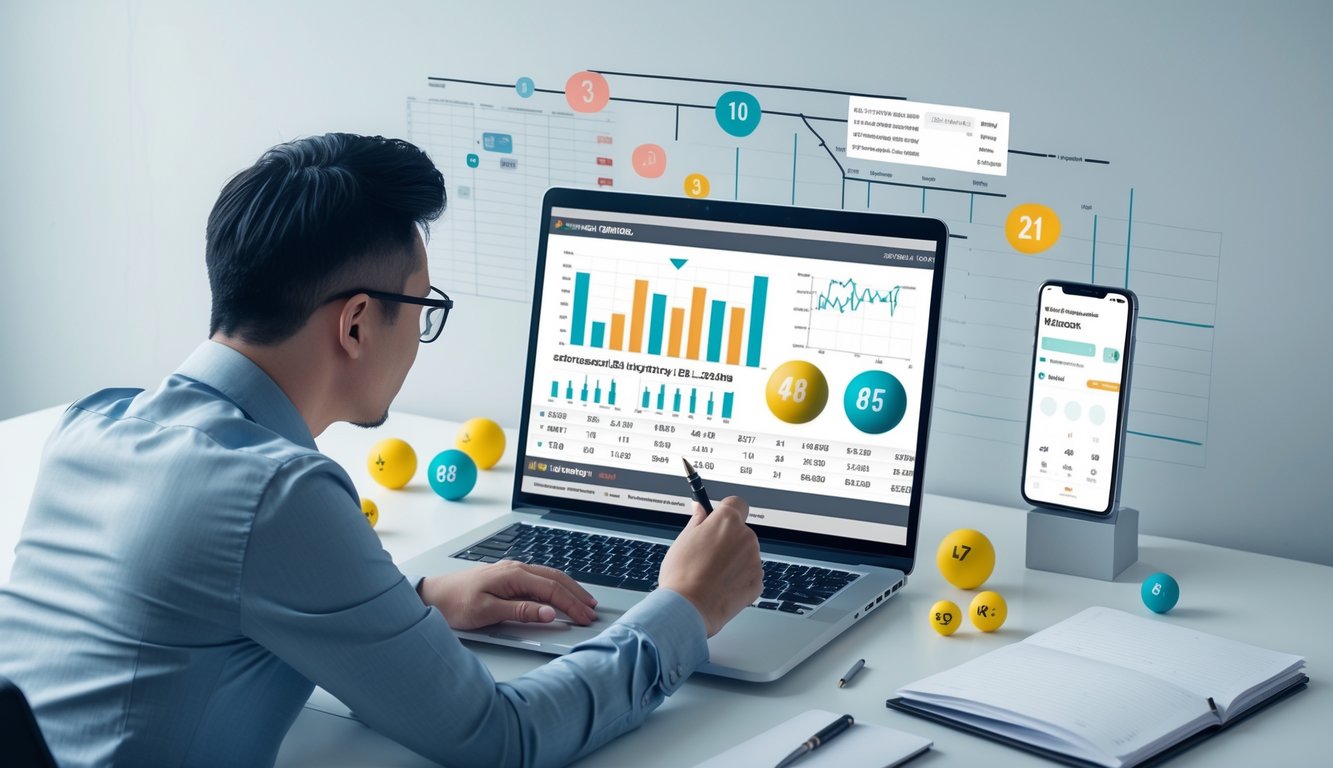 Seseorang sedang menganalisis data angka di depan laptop dengan bola togel dan grafik digital di sekitar meja kerja.