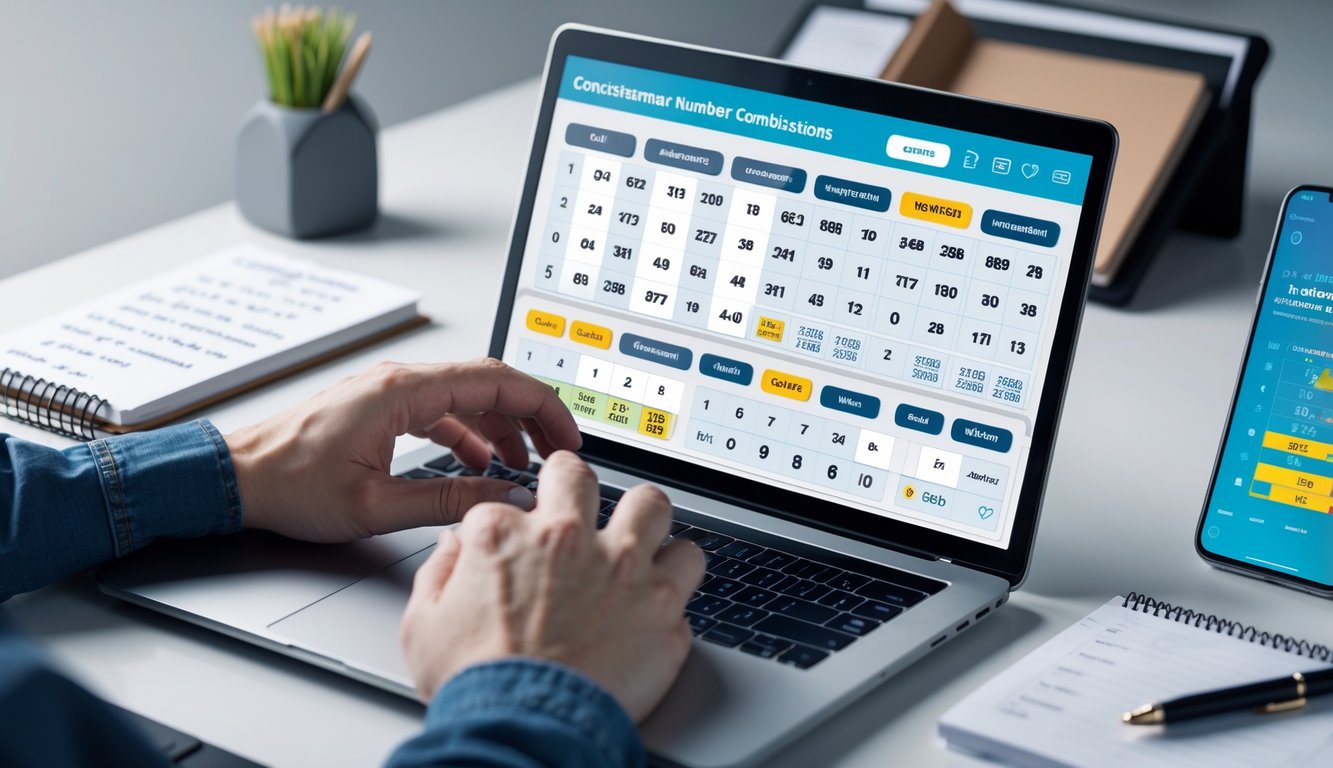 Seseorang menggunakan laptop di meja kerja dengan tampilan angka dan grafik, dikelilingi oleh buku catatan dan ponsel, menunjukkan aktivitas memilih angka secara online.