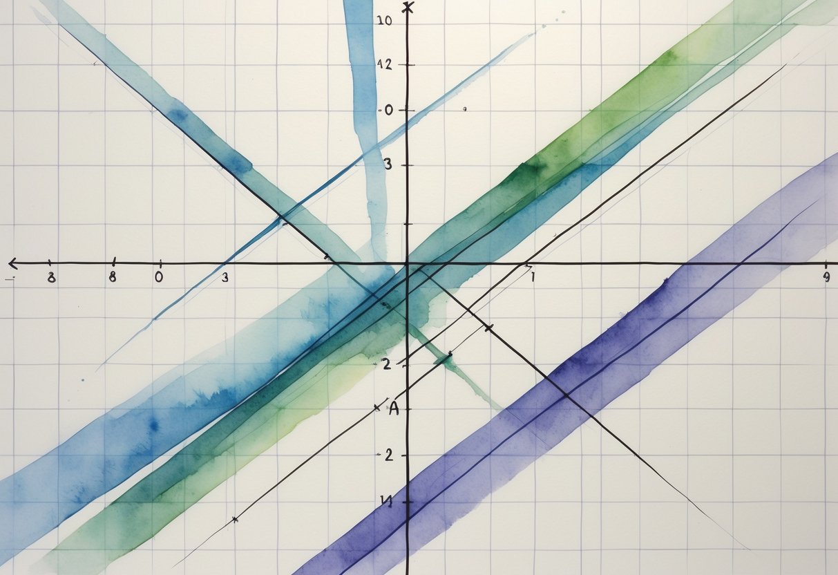 Graf s više ravnih linija koje se sijeku i paralelnih linija na pozadini s koordinatnim osima.