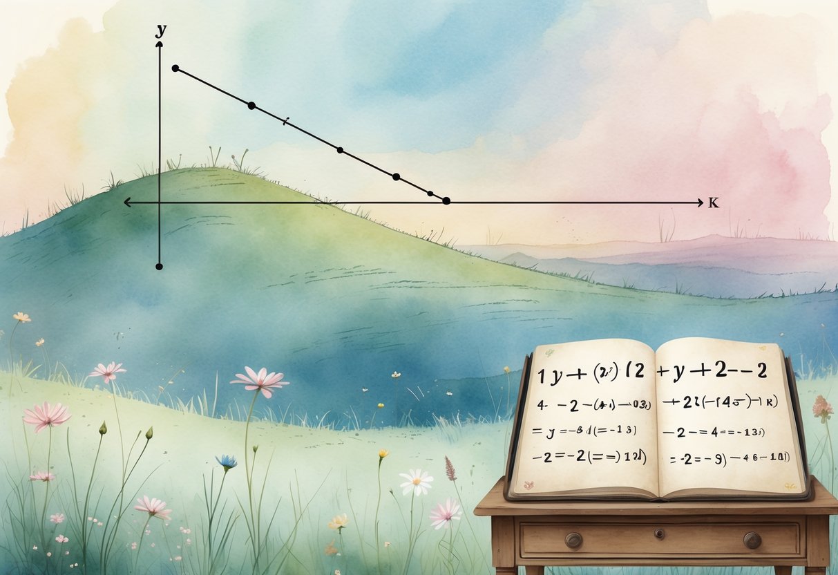 Krajolik s blagim brežuljkom i koordinatnim sustavom, s bilježnicom na drvenom stolu i matematičkim formulama.