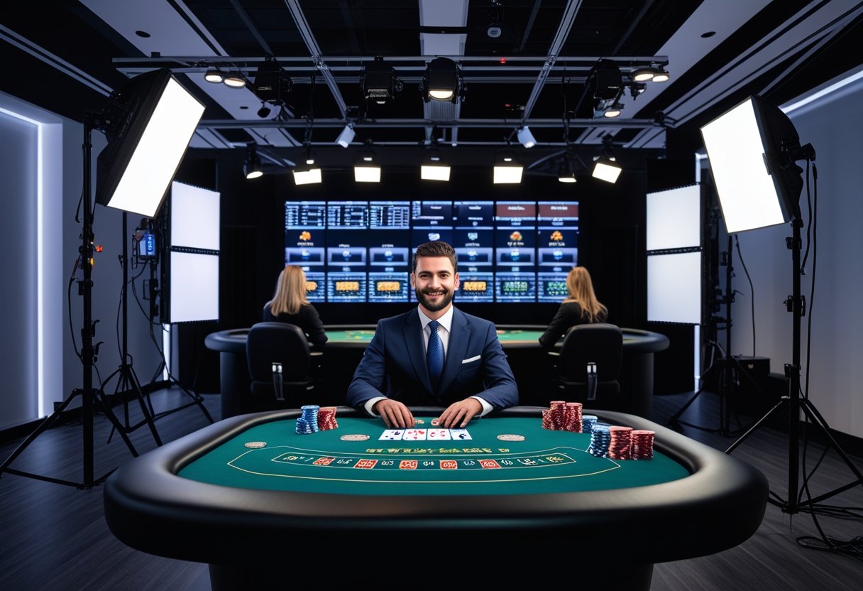 A live dealer at a casino table with cameras and lighting equipment in a studio