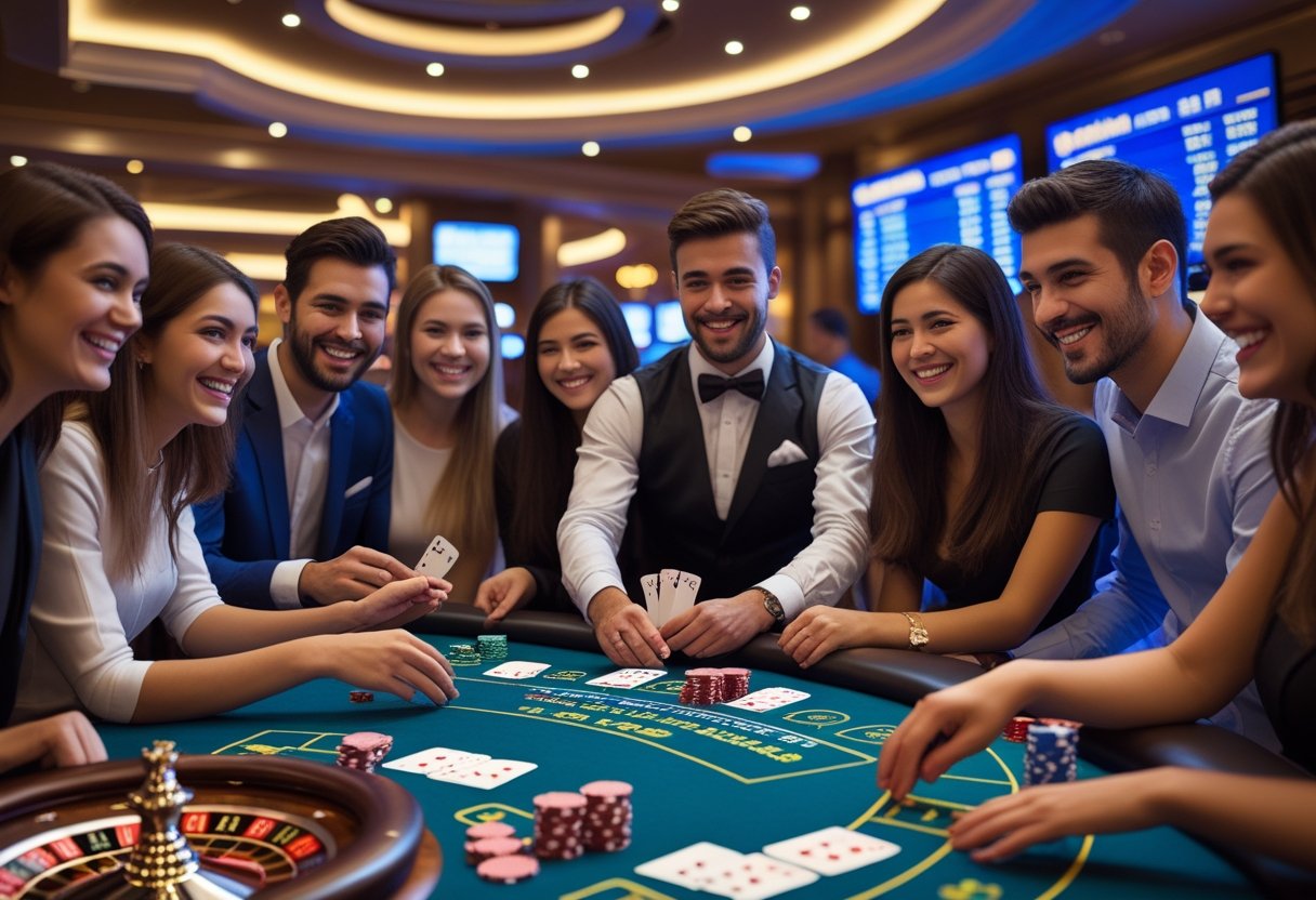 A group of young adults playing casino games with a dealer at a live dealer table in a casino.
