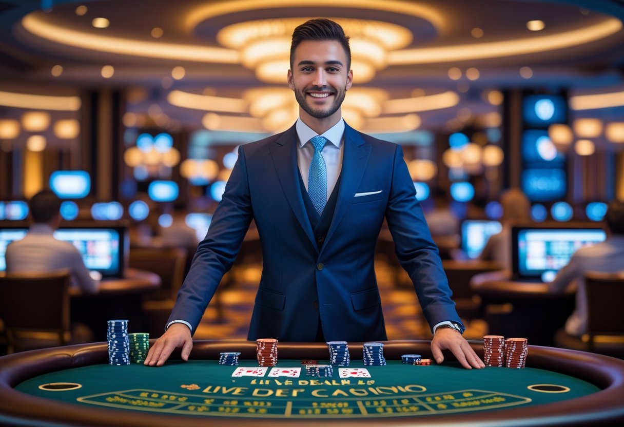 A casino dealer standing behind a table with cards and chips