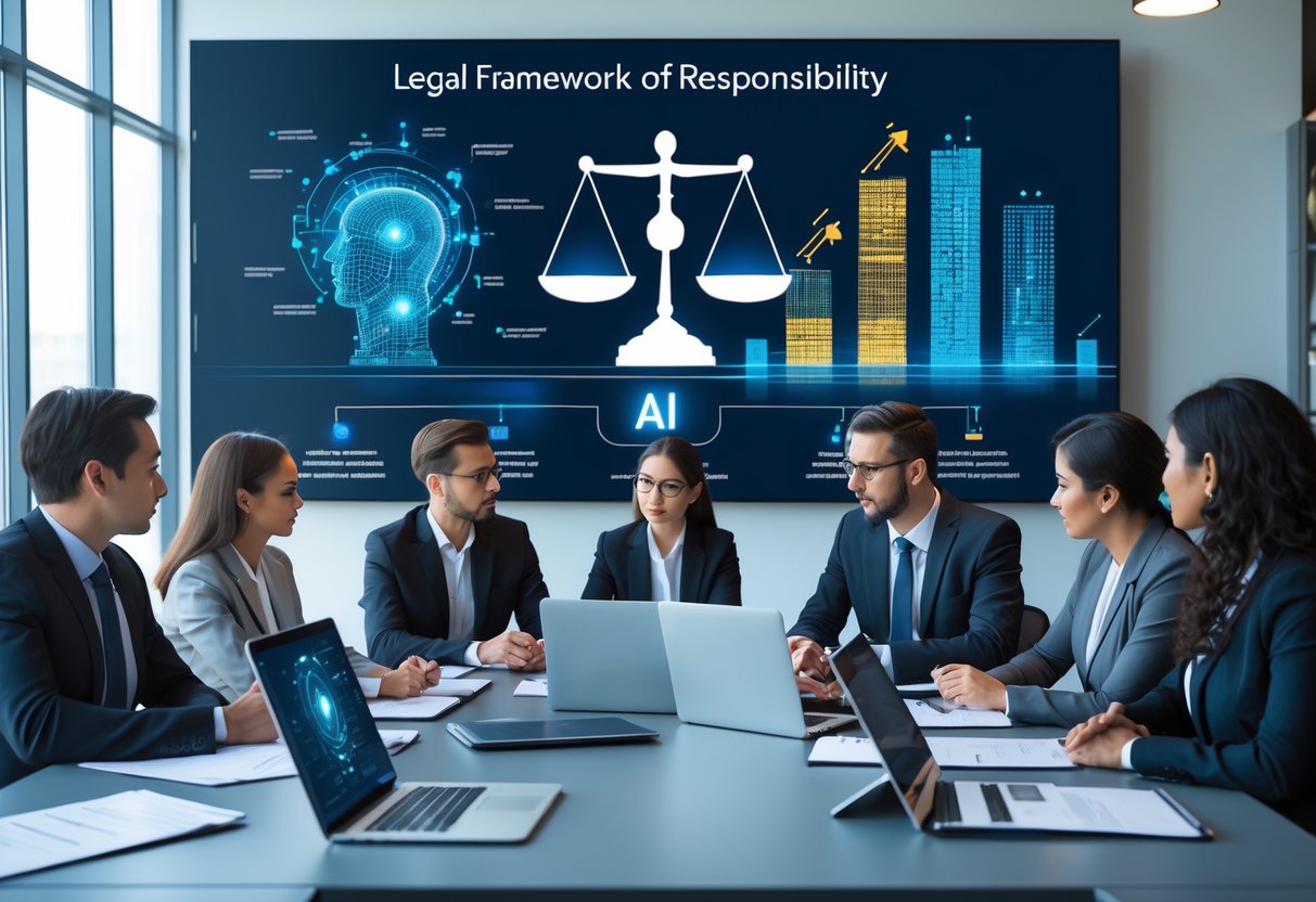 Un groupe de professionnels discutant autour d'une table de conférence avec des documents et des écrans affichant des graphiques liés à l'intelligence artificielle et au droit.