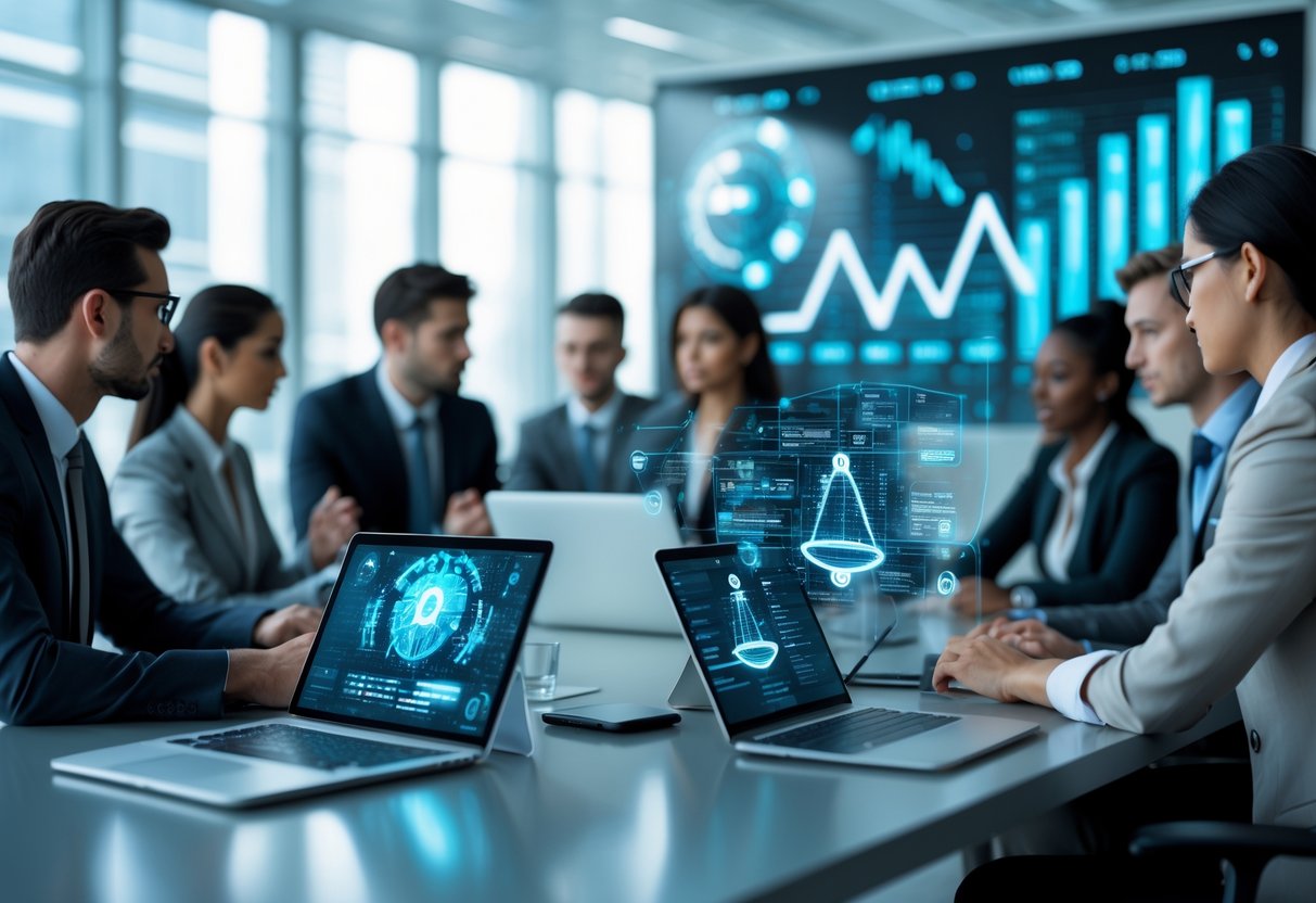 Des professionnels en réunion dans un bureau moderne, discutant autour d'un écran affichant des graphiques et des symboles liés à l'intelligence artificielle et à la responsabilité juridique dans les marchés publics.