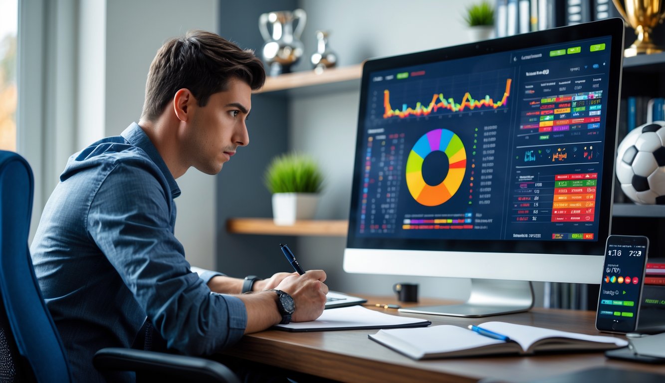 Seorang pria muda duduk di meja dengan komputer menampilkan statistik pertandingan sepak bola, sedang mencatat dan fokus menganalisis data.