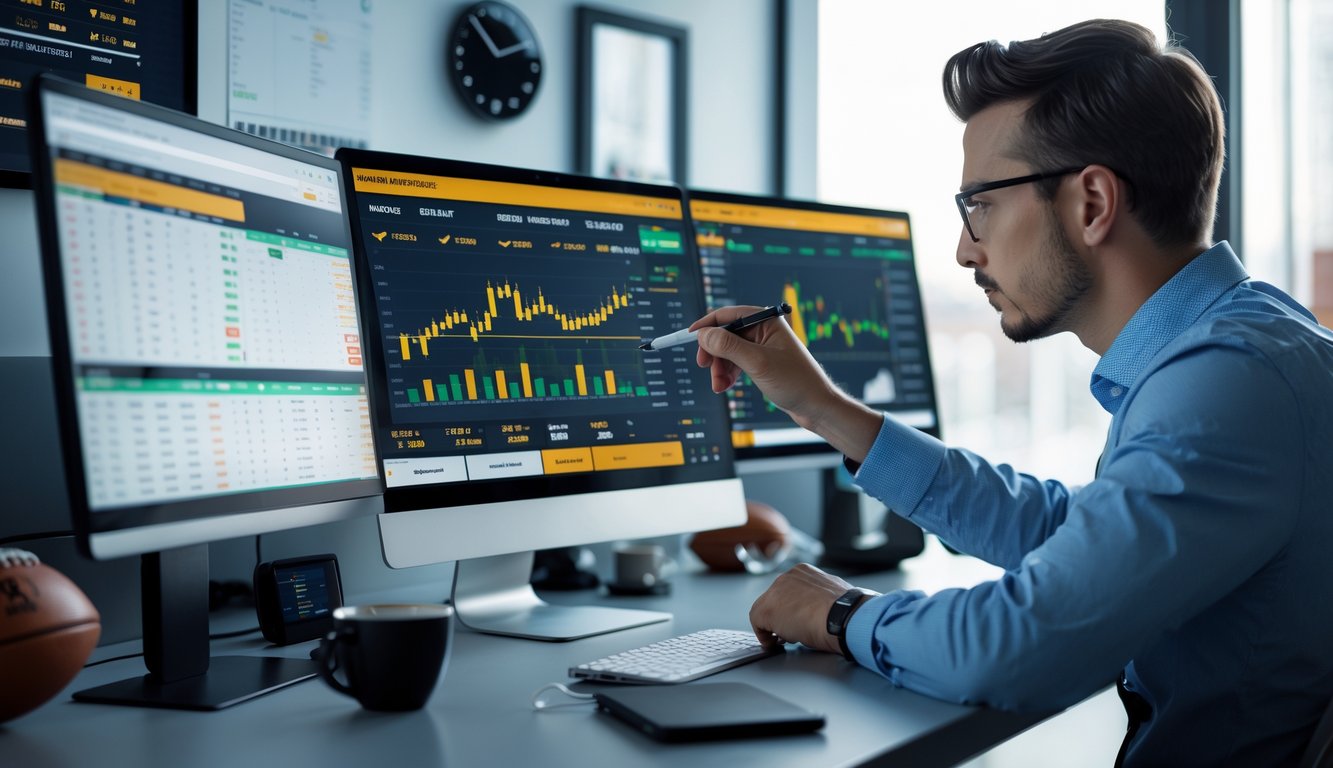 Seorang pria sedang menganalisis data pertandingan olahraga di depan beberapa layar komputer di ruang kerja modern.