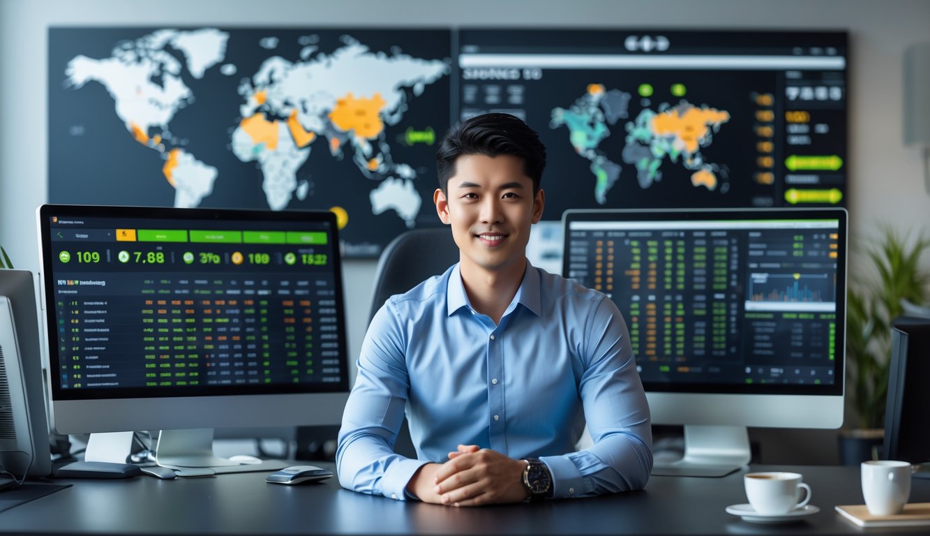 Seorang pria muda duduk di depan komputer dengan layar menampilkan statistik dan grafik taruhan olahraga online.