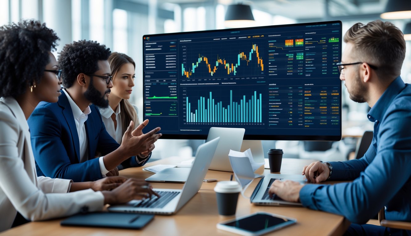 Tim profesional sedang berdiskusi di kantor modern dengan layar besar yang menampilkan grafik statistik.