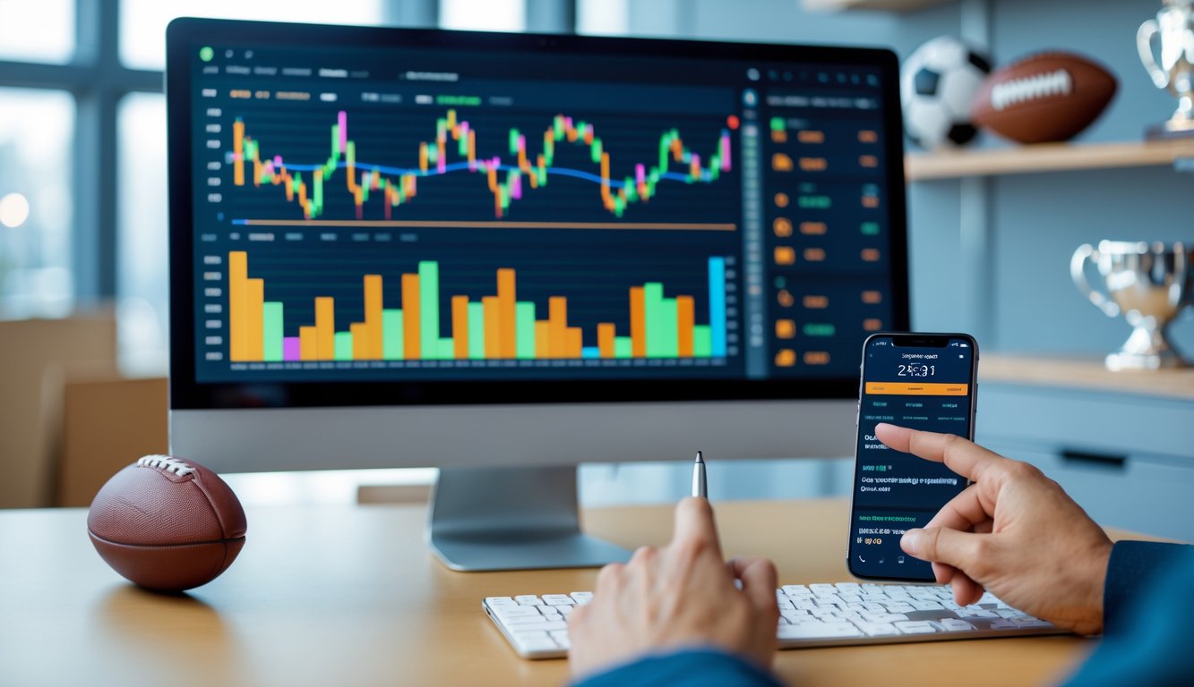 Meja kerja dengan komputer menampilkan grafik tren pertandingan olahraga dan tangan seseorang yang menunjuk ke layar serta menggunakan keyboard, dengan ponsel yang menunjukkan aplikasi taruhan olahraga.