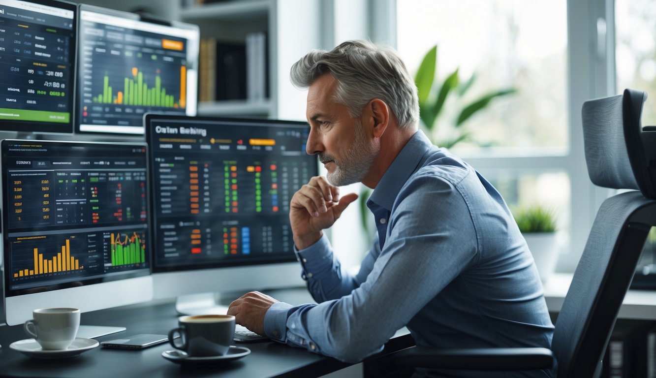 Seorang pria sedang fokus menganalisis data taruhan olahraga di laptop di ruang kerja rumah yang nyaman.