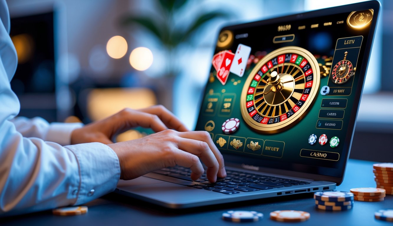 Seseorang menggunakan komputer dengan tampilan permainan kasino langsung online di layar, dengan kartu dan chip kasino terlihat.