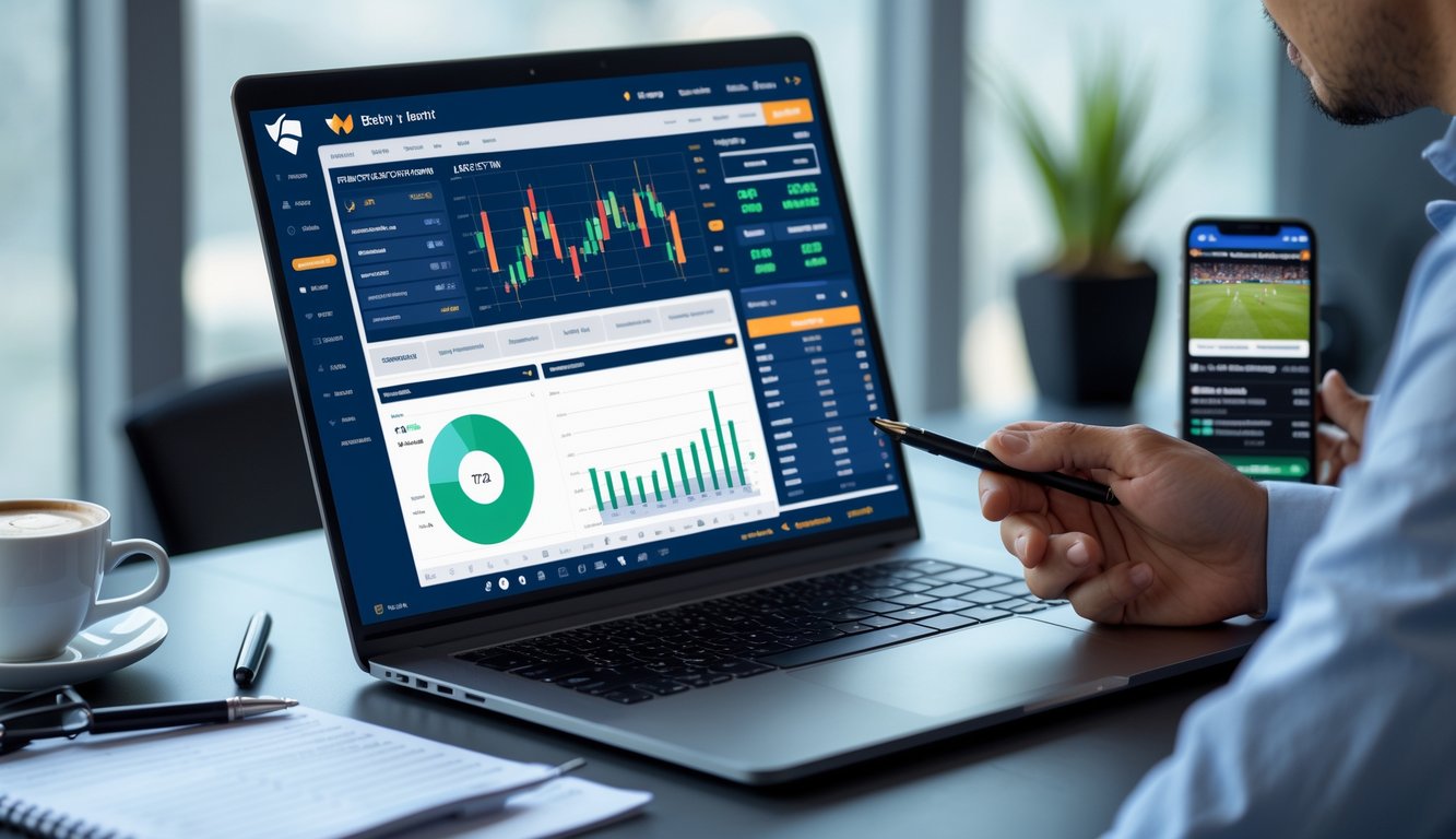 Seorang profesional sedang menganalisis data taruhan olahraga di laptop di meja kerja dengan catatan dan ponsel di sekitarnya.
